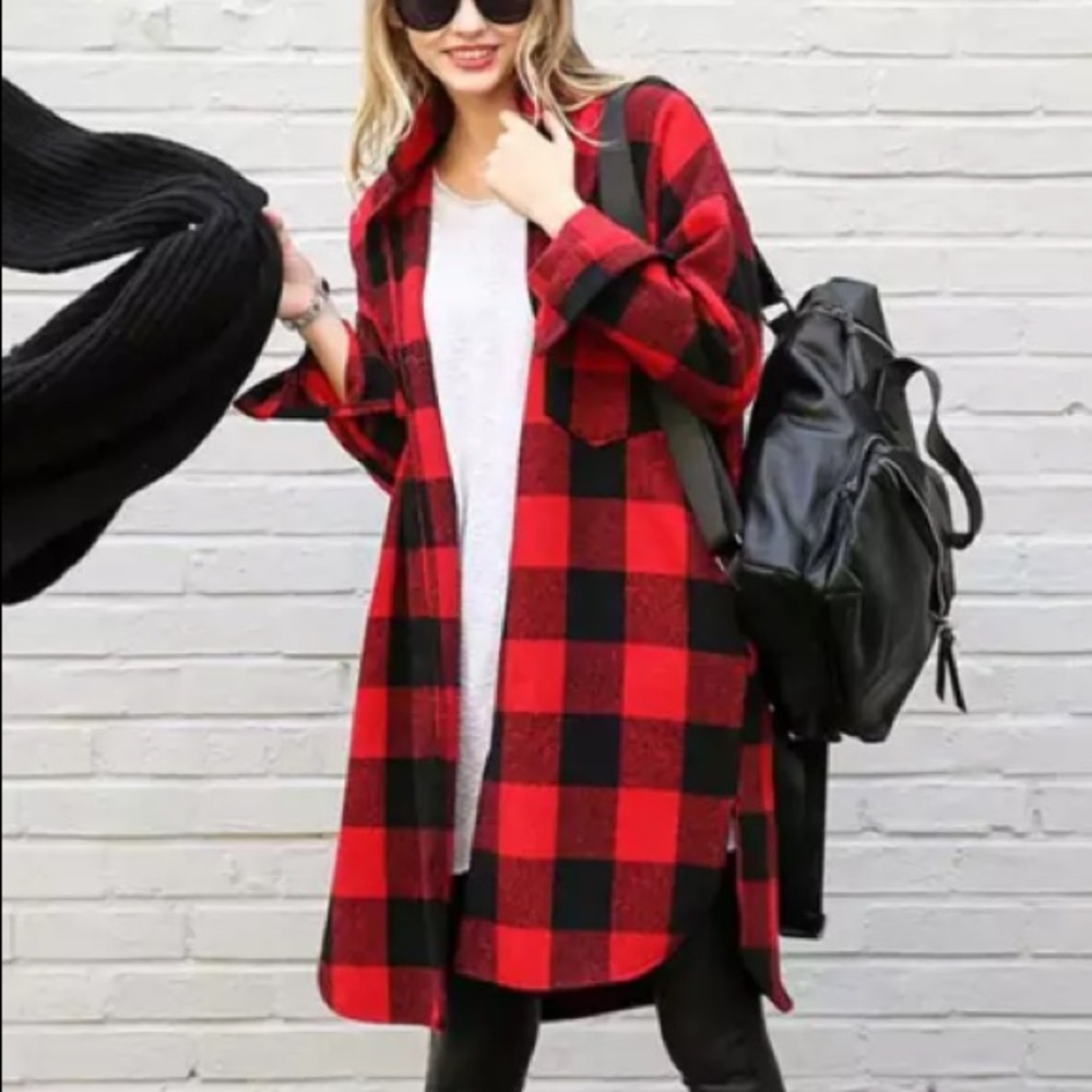 Long Oversized Buffalo Flannel Button Down Shirt - Picture 2 of 5